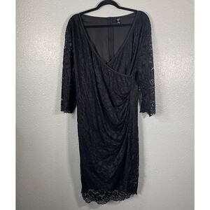 Womens 3xl Faux Wrap Black Dress Lace 3/4 Sleeve Zip Back Knee Length Mini